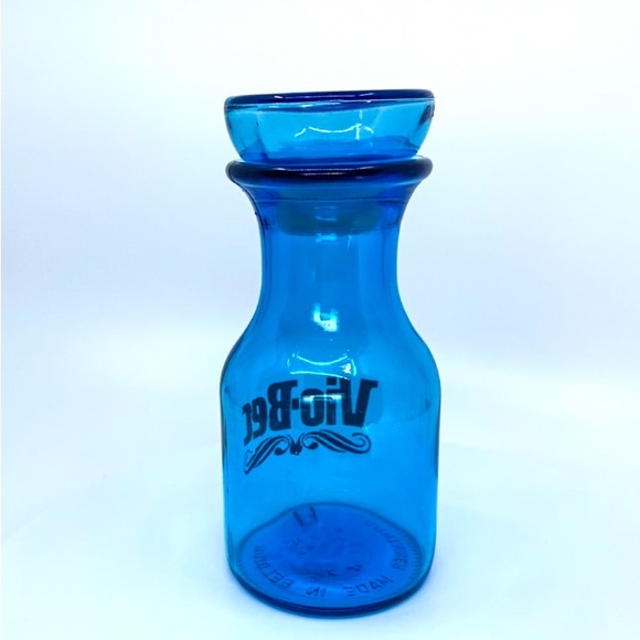 Vintage Belgium Turquoise Vio-Bec Apothecary Jar Gold Lettering 6” Lid - Picture 7 of 12